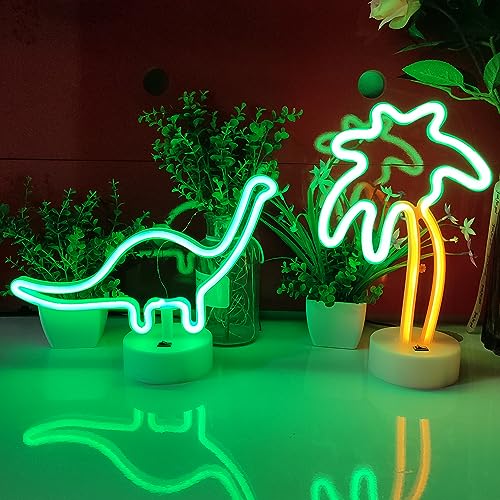 Image of JYWJ Neon Signs with Holder Base,USB or 3-AA Battery Powered Neon Light,LED Desktop Wall Decoration,Various Parties,Decoration of Business Premises (Dinosaur A)