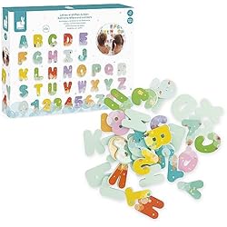 Tutete Bañera Janod - Letras y Números para el Baño - Juguete de Baño - 26 Letras y 10 Números de Espuma que flotan y se pegan - Juguete para Bebés Alfabeto y Dígitos - A partir de 2 Años, J04709