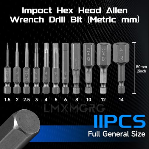 Image of 11PCS Hex Head Allen Wrench Drill Bit Set,Metric Hex Bit Set,1 /4 Inch Square Shank Impact CNC Machined Screwdriver Bits(50mm)