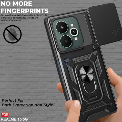 Image of AESTMO Tough Armor Realme 15 5G Bumper Back Case Cover | Ring Holder & Sliding Camera Shield Cover | 360 Degree Protection Back Case Cover for Realme 15 5G (Black)