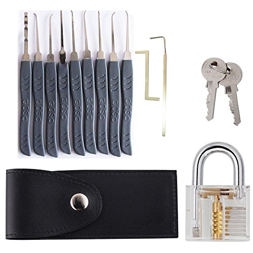 Nachschließen 11-teiliges Pick Set/Dietriche Set, Schlüssel Extractor Werkzeug Set + Transparentem Vorhängeschloss zum Üben. Für Schlosserei, Schlüsseldienst, Geocacher, oder Hobby - INTERINNOV©