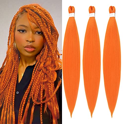 Pre stretched Braiding Hair 26 Inch Orange Braiding Hair Extensions Yaki Braids Hair Hot Water Setting Synthetic Hair Colored Braiding Hair Pre stretched Crochet Hair(26 Inch 3 Packs Orange#)
