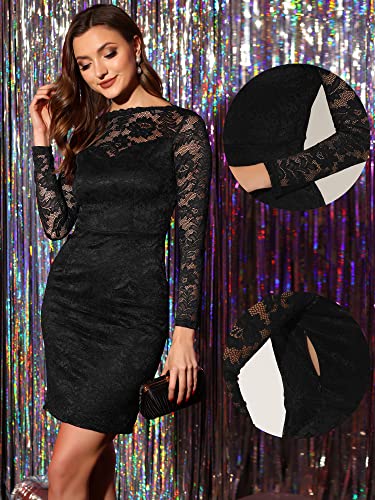 Allegra K Elegant Lace Dress For Women's Boat Neck Cocktail Bodycon Pencil Dress Small Black #TOP1