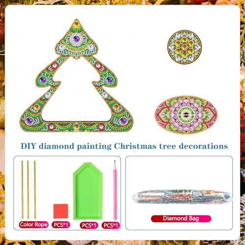 Image of AiYuanzsh Christmas Tree Diamond Art Tabletop Ornament with Hanging Charm, Acrylic Diamond Painting Desktop Decoration Kit, Large DIY Holiday Diamond Art Crafts 11.42 x 11.61 inch