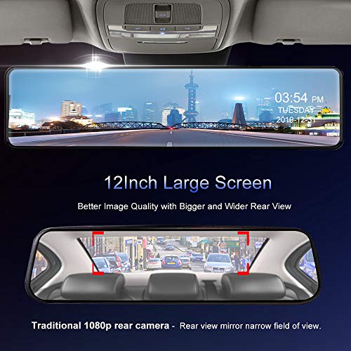 12" Mirror Dash Cam,Backup Camera with 1440p IPS Full Touch Screen, Rear View Mirror Camera with Loop Recording, Parking Monitor, Night Vision, Dual Lens Waterproof Front Rear Dash Camera for Car - Thumbnail 6