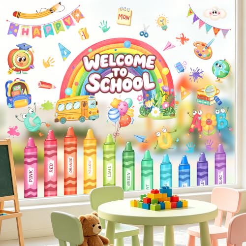 Tanlaby Back to School Window Clings Rainbow Colorful Pencils Crayon Window Stickers Ruler Banner School Bus Book Decals for Classroom Playroom Nursery Decor Welcome Party Supplies - Image 2