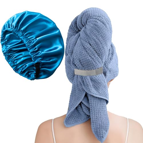 Image of Large Microfiber Hair Towel Wrap & Satin Bonnet Set for Women, Ultra Absorbent Turban 24x42 Inches & Adjustable Night Cap for Curly Hair, Prevents Frizz & Breakage