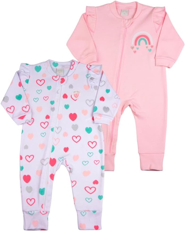 Macacao Bebe Menina Suedine Ziper Estampado e Liso Kit Macacão Suedine Algodao Coracoes 2 Pecas – Rosa