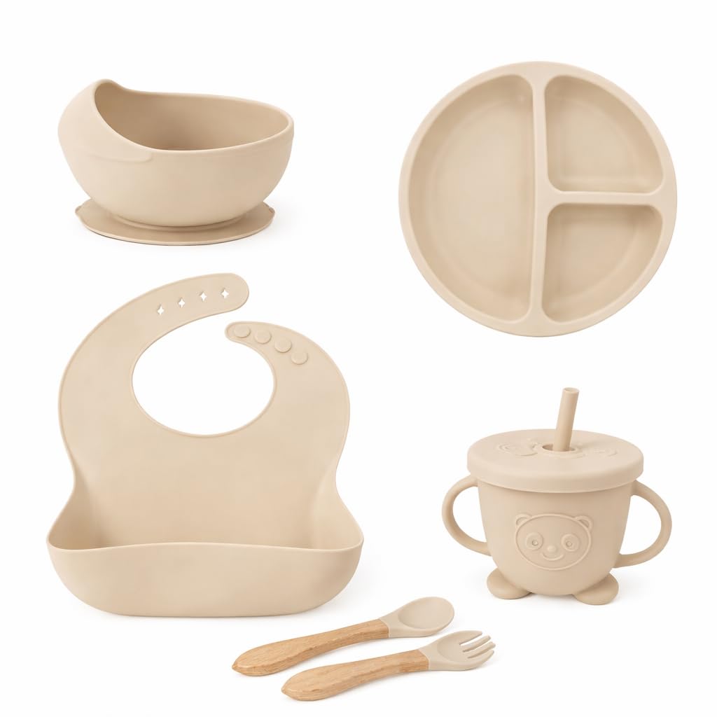 Silicone Baby Feeding Set 6 PCS (Cream) | Suction Plate, Suction Bowl, Adjustable Bib, Sippy Cup with Straw, Baby Spoon & Fork,BPA Free Food Grade Silicone Feeding Set-image-44