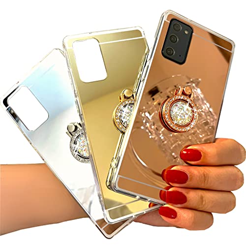 monjour Handy Hülle Ring Handytasche für Samsung Galaxy J3 (2016) J310 Duos mit Schminkspiegel Silikon Handyhülle Halterung in Silber mit Bling Bling Glitzer Brosche