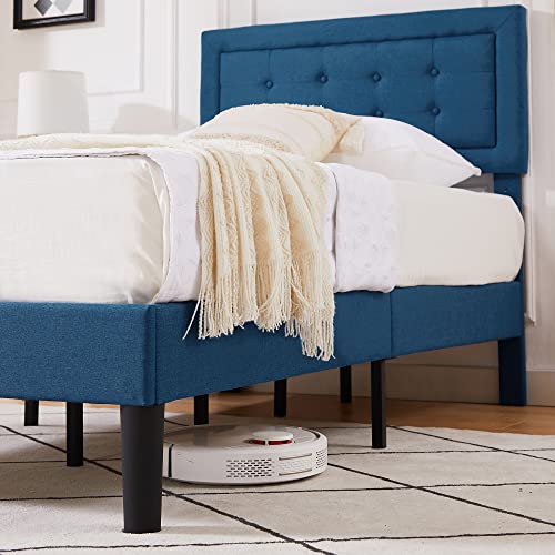Vecelo Queen Size Upholstered Bed Frame With Height Adjustable Fabric Headboard, Heavy-Duty Platform Bedframe/Mattress Foundation/Strong Wood Slat Support/No Box Spring Needed, Blue #TOP5