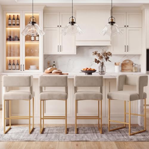 Image of Counter Height Bar Stools Set of 4, Taupe Velvet Bar Chair Gold Leg | 26 inch Seat Height Fits Standard Kitchen Islands, Upholstered Barstools, Back Support, Square Metal Legs, Footrest