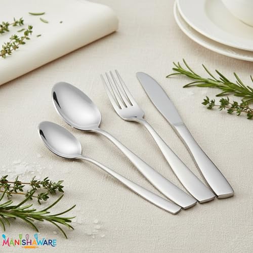 Image of Mirror Polished Silver 20 Pcs Stainless Steel Cutlery Set for Dining Table, Dishwasher Safe Glossy Flatware (5 Spoon Set + 5 Forks Set + 5 Butter Knife + 5 Dessert Spoon)