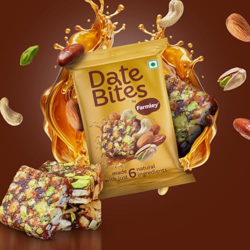 Image of Farmley Date Bites I Dates Barfi Made with Dates, Pista, Cashews, Almonds, Honey and Pure Ghee I Dry Fruits Nuts, Healthy Snacks Sweets,Gluten Free, No Added Sugar 20 g (Pack of 1), Classic Date Bites