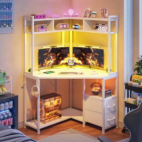 Image of DurayLoly 63 inch Triangular Corner Desk with Hutch,Ample Storage for Small Room,Spacious 36 inch W Desktop,2 Fabric Drawers and Bottom Wooden Shelves,Versatile Computer Desk that Meets All Your Needs,White