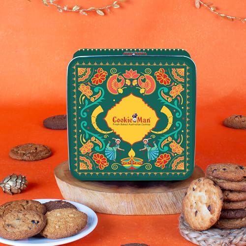 Image of CookieMan Festive Diwali Cookies Gift Tin - 250g | Premium Assorted Cookies Hamper with Choc Chip, Double Choc Chip, Mocha, Butter Cashew & Black Currant | Diwali Gifting & Corporate Gift Set