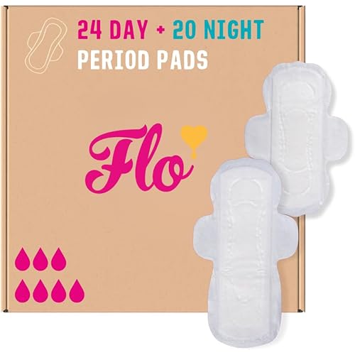 Flo - Day + Night Menstrual Pads (24 Day + 20 Night) - Winged + Ultra Thin - Natural, Absorbent, Soft, & Breathable - Organic Bamboo Period Pads for Women - Plant Based - Vegan & Cruelty Free