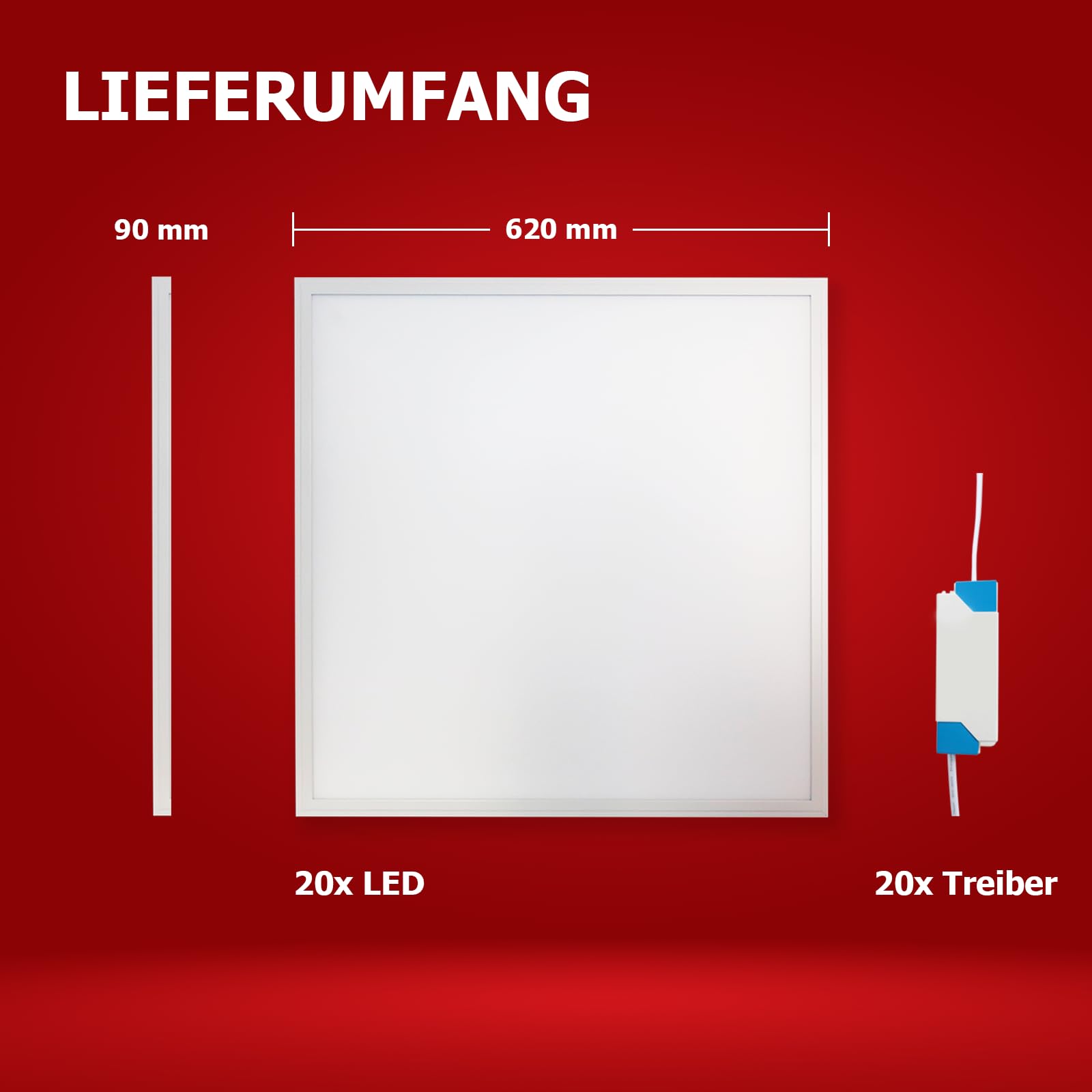 20x LED Panel 62x62 Tageslichtweiß 6000K 40W | 3400lm flimmerfrei Alu Slim Deckenleuchte Netzteil