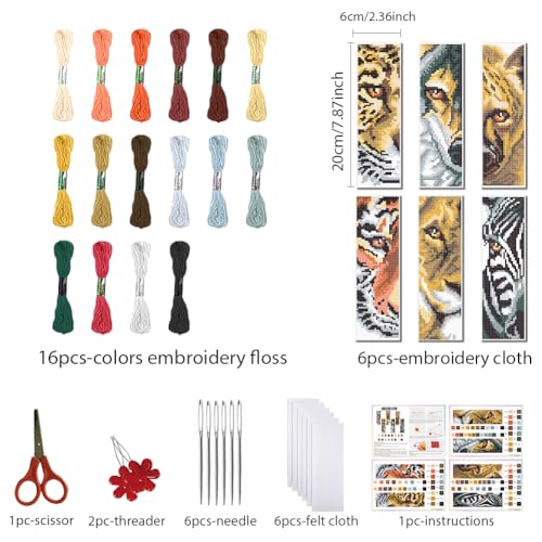 Image of FREEBLOSS 6 Set Cross Stitch Bookmark Kit Stamped Cross Stitch Kit Wild Animals Stamped Embroidery Bookmark with Instruction Cross Stitch Kits for Adults DIY Bookmark Kit 8''x2.4''
