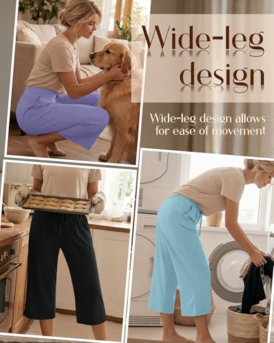 Image of Locoowai 3 Pack Women's Capri Pants Casual Wide Leg Yoga Pants High Waist Drawstring Cropped Lounge Sweatpants with Pockets