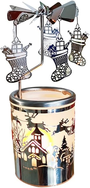 kingnero carousel candle rotary candle holder Christmas snowflake spinning candleholder metal tea light holder candlestick for home decoration or relatives and friends gift (Silver Christmas Stocking)