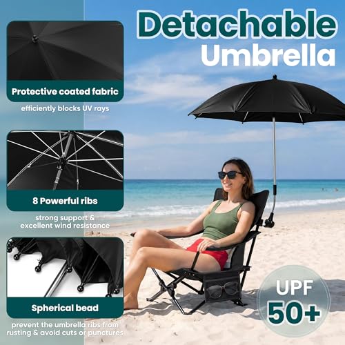 Image of HaSteeL Low Beach Chair Set of 2, Foldable Black Camping Chair with Adjustable Umbrella Set for Adults, Lightweight Portable Lawn Chairs for Fishing, Picnic, Outdoor BBQ, Travel, Sports