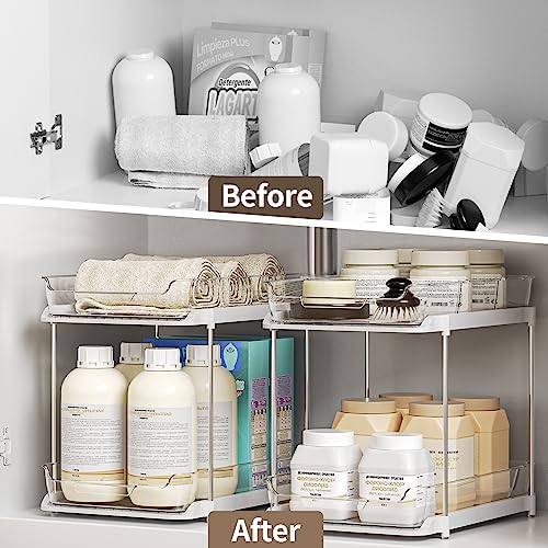 Image of Delamu 2-Tier Multi-Purpose Bathroom Under Sink Organizers and Storage, Stackable Kitchen Pantry Organization, Pull Out Medicine Cabinet Organizer with Movable Dividers, White, 1 Pack