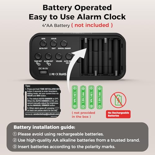 Image of Acedeck Battery Operated Alarm Clock for Bedroom Travel: Cordless Compact Large Display Digital Clock with Auto Dimming - 4 Dimmers Easy to Use for Adults Seniors Red Digits