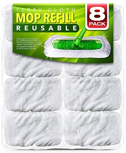 Image of VanDuck Reusable 100% Cotton Mop Pads for Swiffer Sweeper (8-Pack) | Mop not included, reusable terry cloth mop covers, cotton replacement refills, machine washable wet mopping pads
