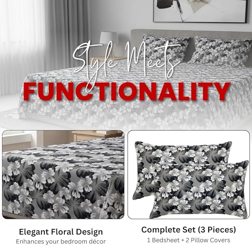 Image of 100% Cotton Feel Double Bed Bedsheet Set | 240 TC Soft & Breathable | Mint Green White Flower Print with 2 Pillow Covers | Wrinkle Free | for Bedroom (90 x 100 Inches) (Grey)
