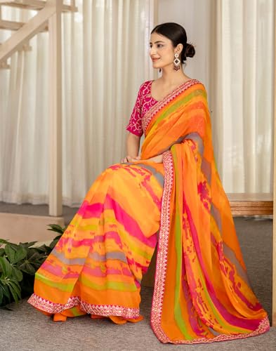Image of SIRIL Women's Georgette Printed And Sequence Embroidery Saree With Unstitched Blouse