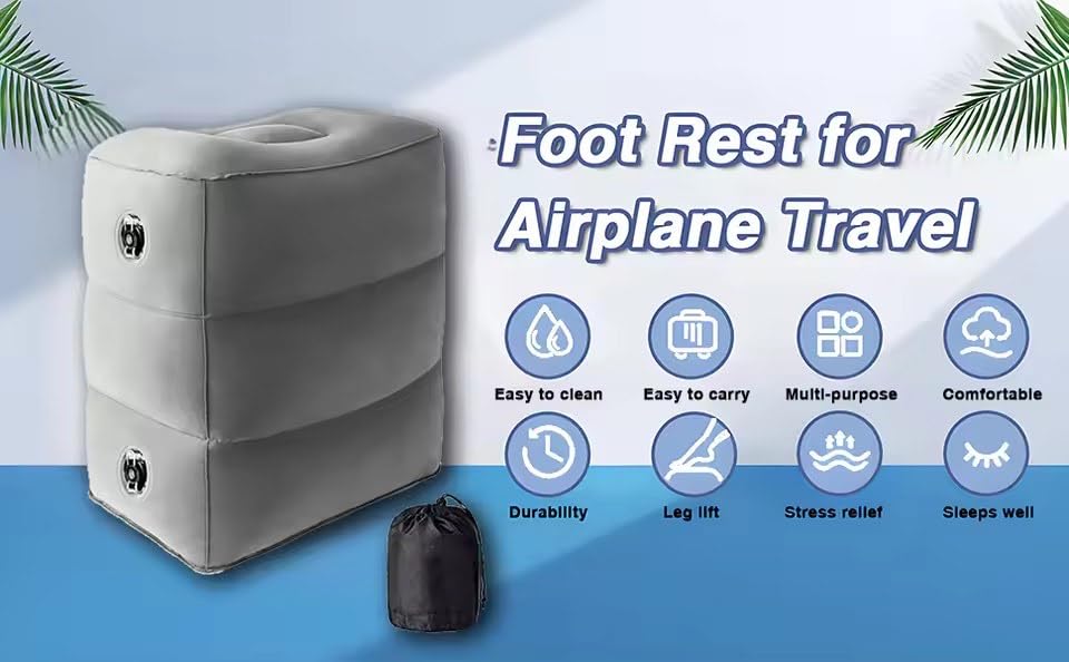 Image of Inflatable Travel Foot Rest Pillow, Kids Airplane Bed, Adjustable Height Leg Pillow for Air Travel, Make a Flat Bed for Kids and Toddlers, Great for Airplane, Train, Car (1 Pack)