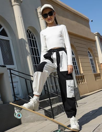 Image of Girls Cargo Pants Elastic Waist Casual Jogger Pants for Girls Streetwear Loose Parachute with Pockets 7-14Years