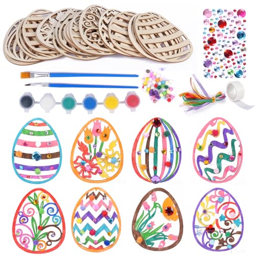 24 Pieces Wooden Easter Decorations, DIY Craft Kit, Assorted Pain...