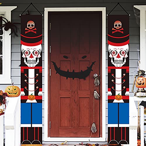 2 Stück Halloween Veranda Banner 35,6 x 188,9 cm Haustürschilder Dekor Kürbis Skelett Soldat Trick Treat Halloween Hängende Banner Wand Outdoor Indoor Cover