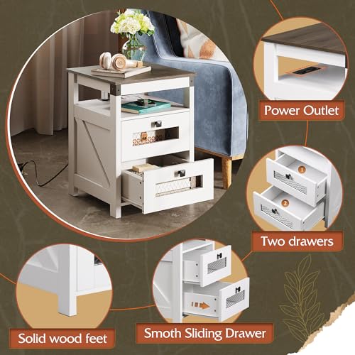 Image of WLIVE Nightstand with Charging Station, Farmhouse End Table, Bed Side Table with 2 Storage Drawers and Open Shelf, Wood Rustic Nightstands for Bedroom, White