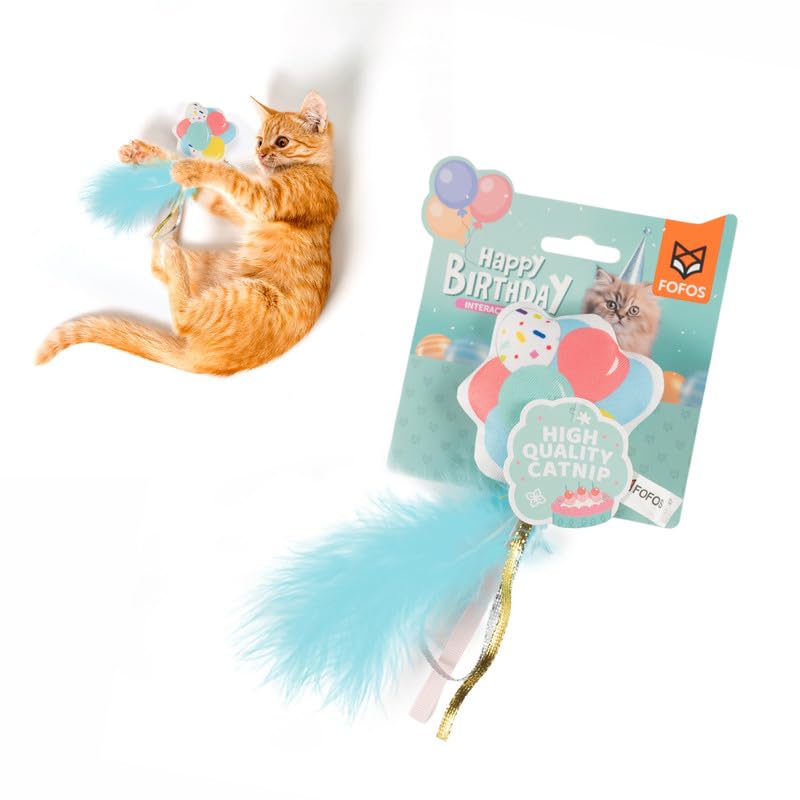 Barkbutler x Fofos Birthday Balloon Cat Toy – US Grade Organic Catnip, Multicoloured Textured Toys, Cat Accessories with Super Soft Fabrics & Real Feathers – Perfect as Kitten Toys