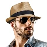 Straw Fedora Hat for Women Men Packable Short Brim Roll Up Trilby Hat Adjustable Panama Summer Beach Sun Hat UPF 50+ L/XL Brown