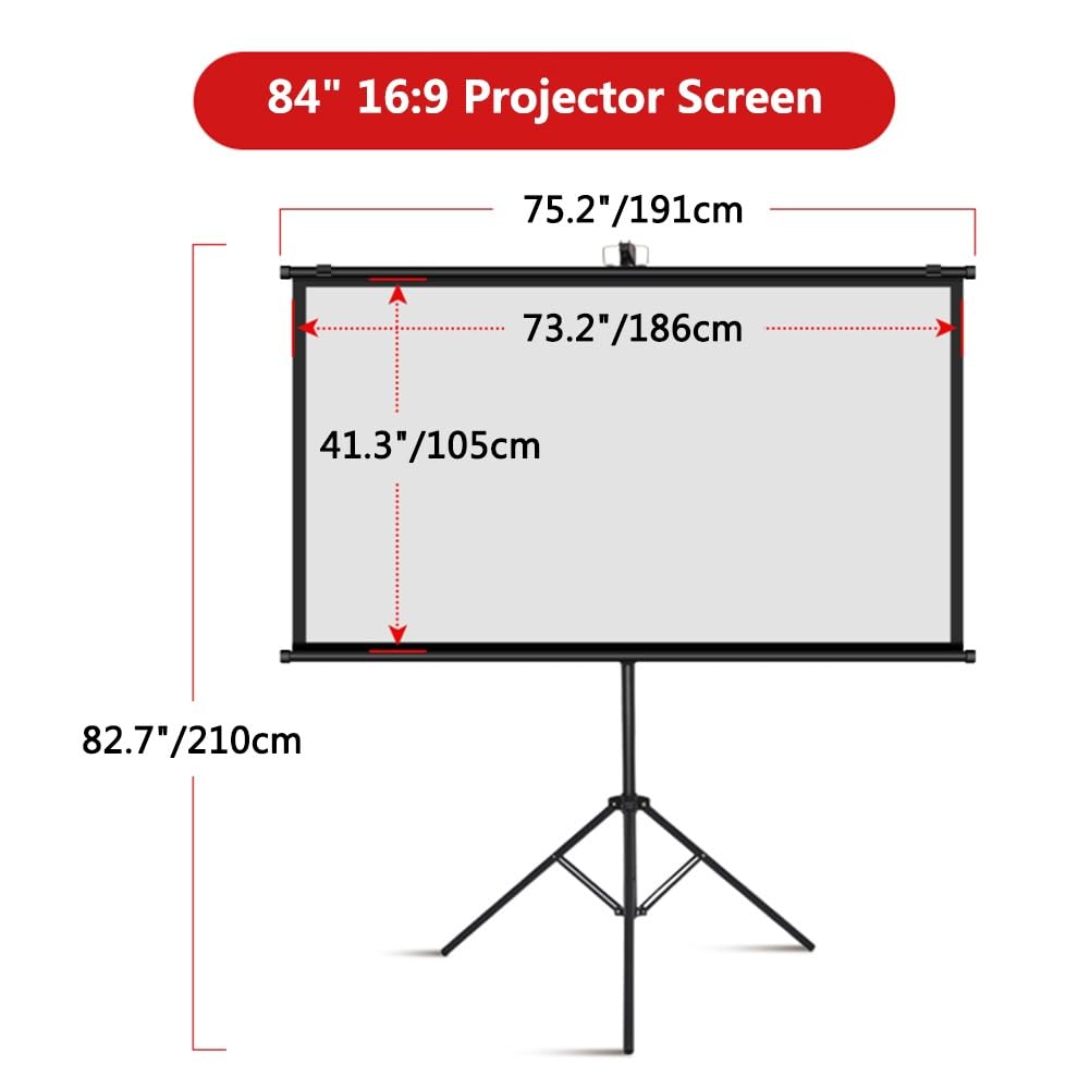 Schermo di Proiezione Mobile da 84 pollici 4K Ultra HD con Supporto a Treppiede, Telo Cinematografico Montato a Parete 16:9 per Casa Ufficio Teatro