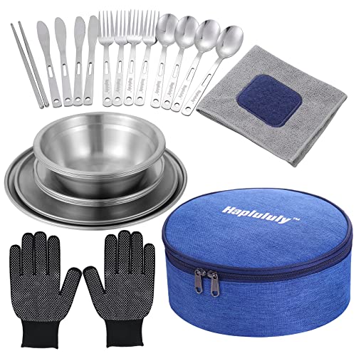 Camping Mess Kit, 28 Pcs Camping Accressories, Stainless Steel Camping Dishes Set Dinnerware For 4 Person Utensils Tableware With Plates, Bowl, Cutlery, Gloves, Rag, For Hiking Gear Picnic (Blue) #TOP1