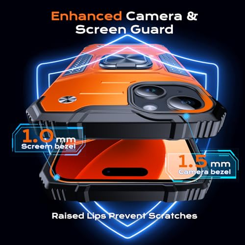 Image of Anqrp Heavy Duty Case for iPhone 15 Case with Enhanced Ring Holder Grip Stand, Military Grade Shockproof Rugged Drop Protective Silicone Hard Slim iPhone 15 Phone Case Cover,Orange