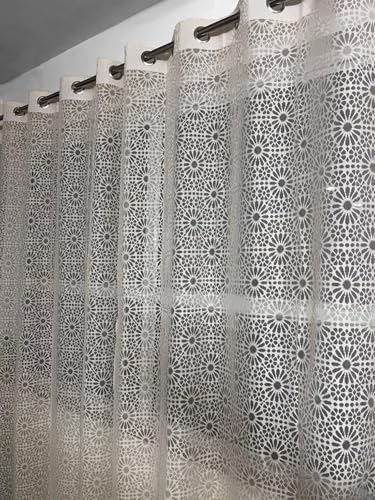 Image of Fabrilia Geometric Pattern Net Semi Sheer Grommet Curtains for Living Room /Bedroom, 5 feet Window, Cream, Set of 2