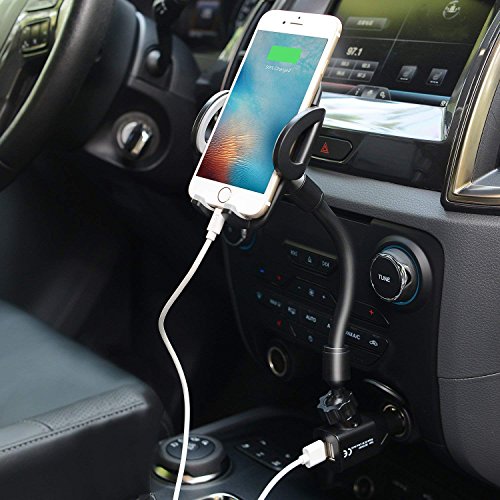 Amoner 3-In-1 Cigarette Lighter Car Mount Charger Phone Holder with Dual USB 2.1A Charger for iPhone X 8 8 Plus 7 7 Plus 6s 5s, Samsung Galaxy S9 S8 S8 Plus S7 Edge, Huawei and More Smartphones