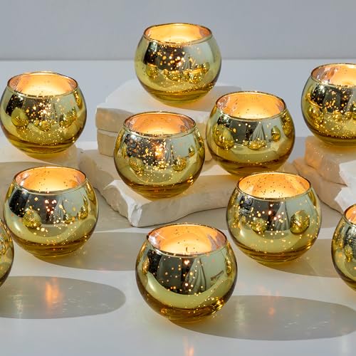 Romadedi Portavelas dorado, juego de 24 portavelas redondos de cristal de mercurio para decoración de centros de mesa, bodas, fiestas, Navidad, decoración del hogar