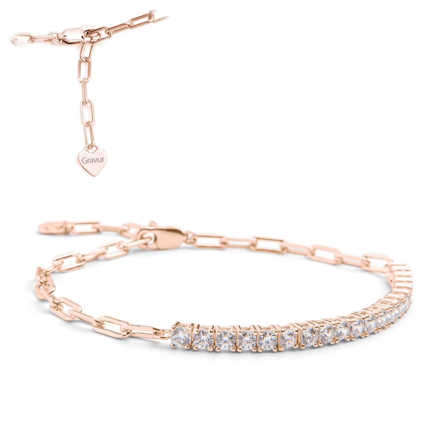 Amoonìc Tennisarmband Mixed aus 925er Silber oder vergoldet | Mit Zirkoniasteinen, Armband & grobe Glieder Kette im Mix, Herzplättchen gravierbar