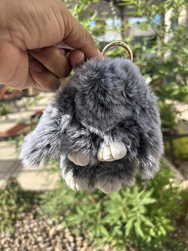 Fluffy Bunny Keychain, Soft Plush Rabbit Bag Charm, Gray Faux Fur with Gold Ring4