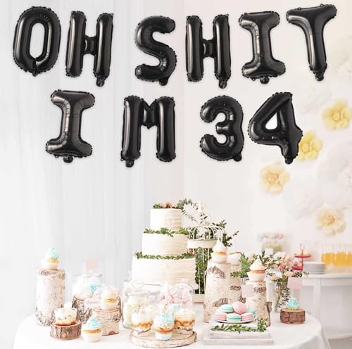 Image of Oh I'm 34! Latex Balloons 16 Inch Black Hallo Thirty four Cheers to 34 Years Old Theme Decor for Man Woman Happy 34th Birthday Party Photo Studio Prop Flag Decorations Favors Supplies