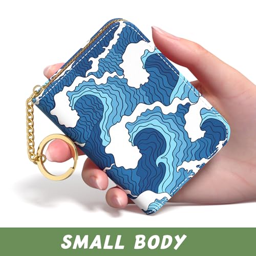 Image of Aiawoxc Credit Card Holder, Small RFID Wallet Slim Leather Card Organizer Case with Zipper and Keychain, Japanese Wave02