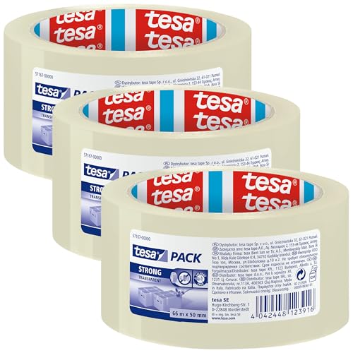 tesa Cinta adhesiva transparente strong 66 mt x 50 mm para embalaje bajo ruido (Paquete de 3)