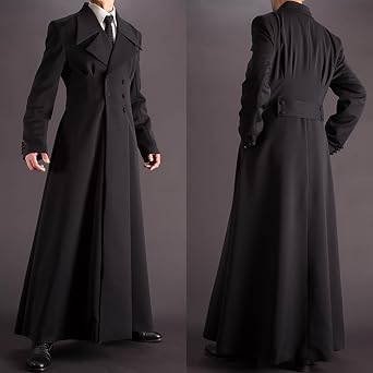 Men's Double Breasted Trench Coat, Slim Fit, Notched Lapel, Ankle Length, Black, Lined